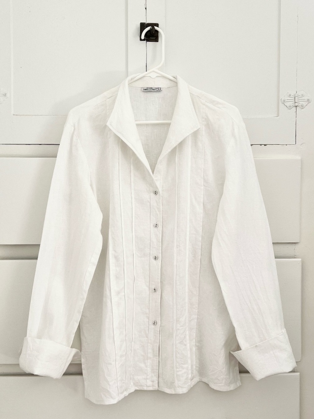 Grace Chuang White Pleated Button Front Blouse M/L Linen Blend